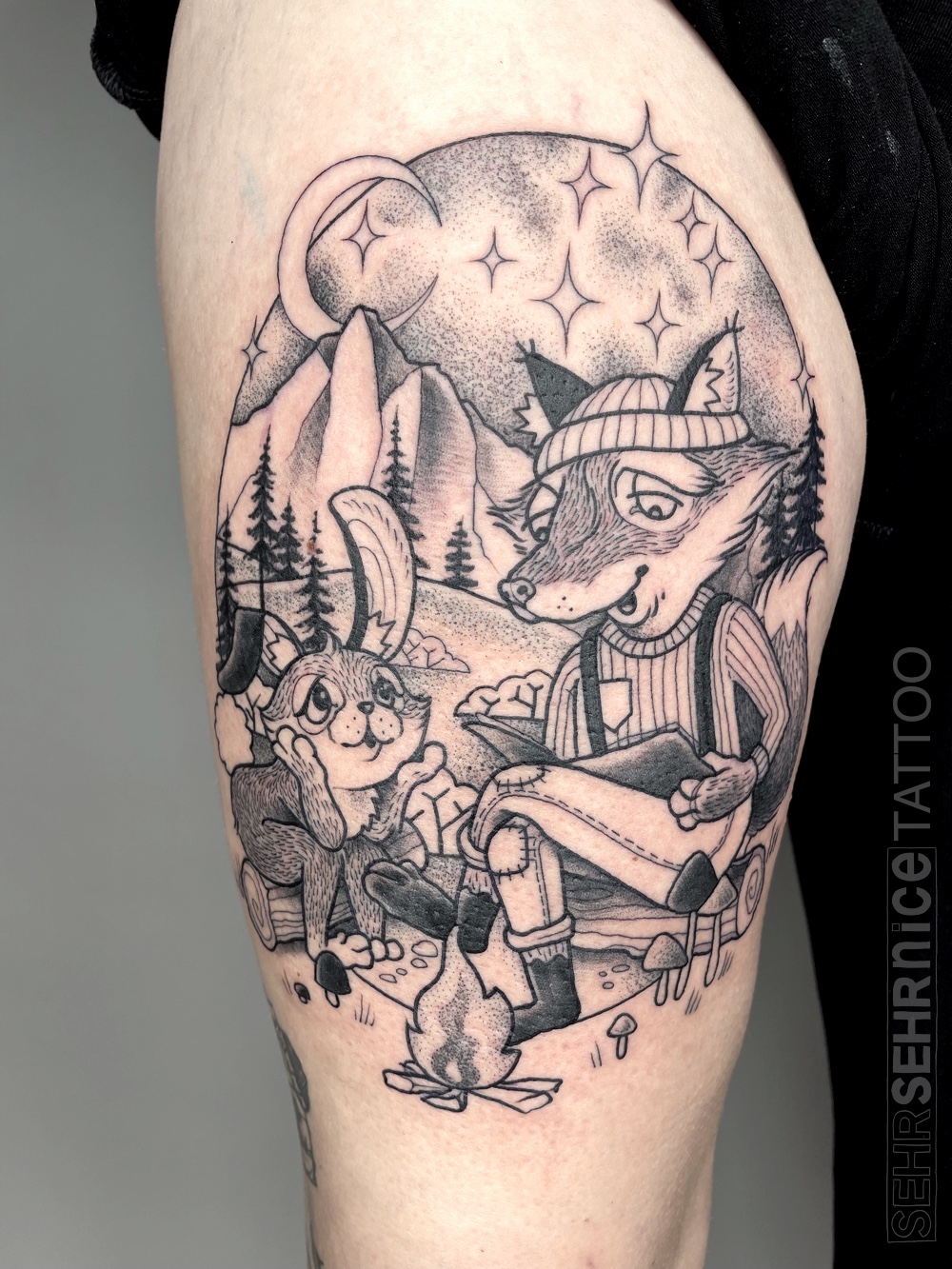 Fuchs und Hase Tattoo für beste Freunde in Schwarz-Grau